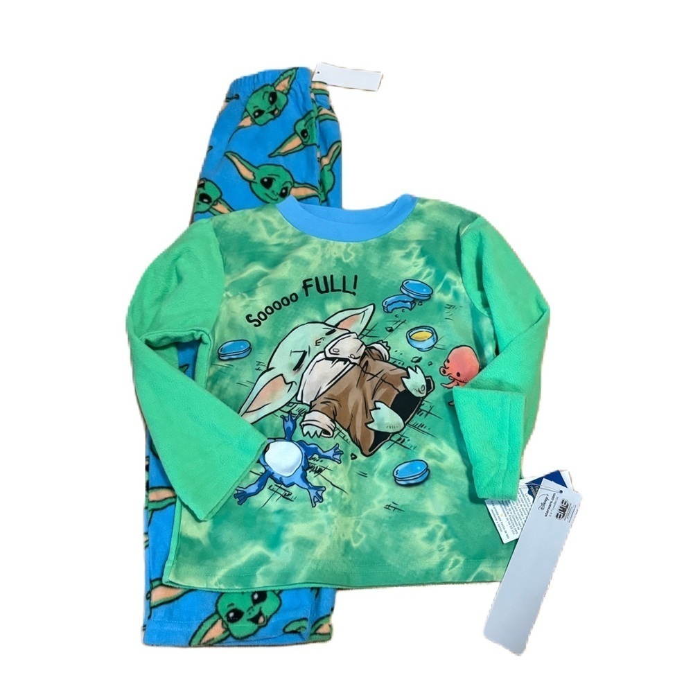 Star Wars Mandalorian Grogu "Soooo Full" 2-Piece Pajama Set NEW Sz 6 Green Blue